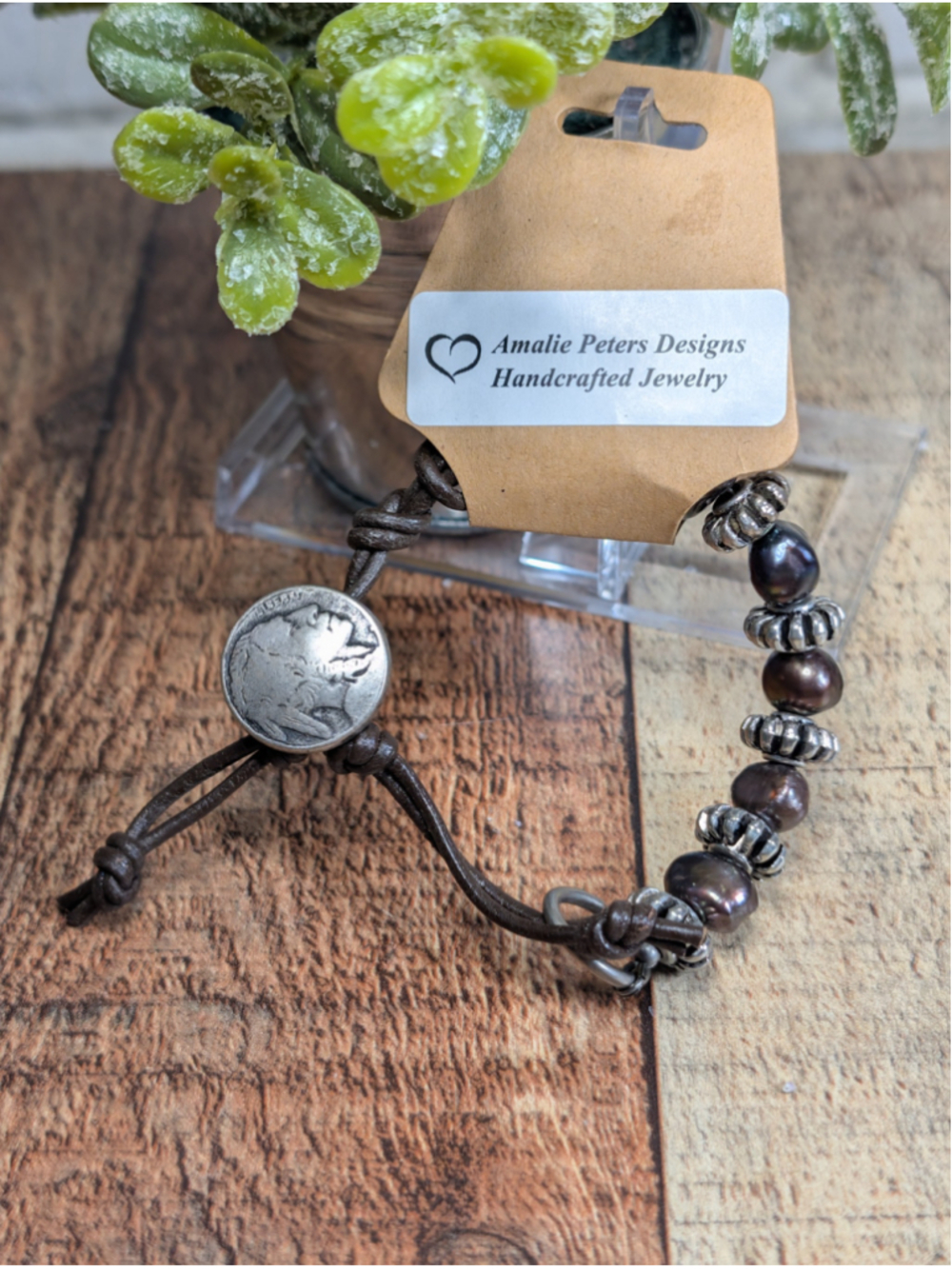 NEW Artisan Boho Cranberry Pearl Brown Knotted Leather Cord Button Bracelet